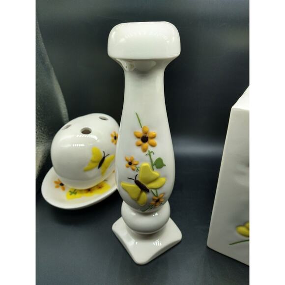 Vintage Ceramic 4 Piece Bathroom Vanity Set Butterfly Daisy Yellow Orange 1980's - Picture 7 of 16